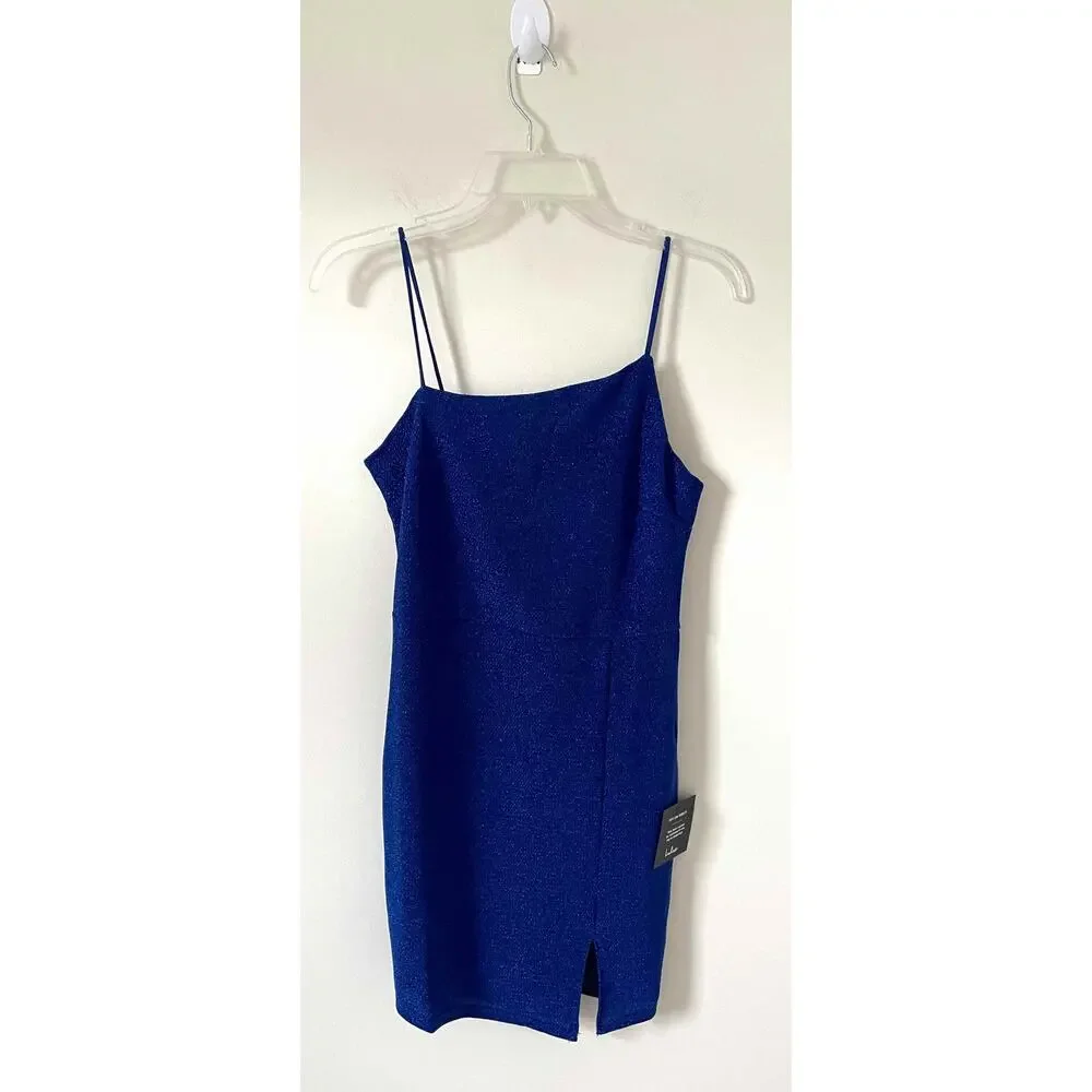 Lulus Cobalt Blue Sparkly Formal Asymmetrical Bodycon Mini Dress Size Medium NEW